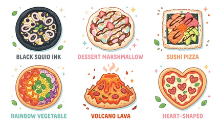 Collection of six creative and fun pizza variations including black squid ink, dessert marshmallow, sushi, rainbow vegetable, volcano lava, and heart-shaped. © Terra