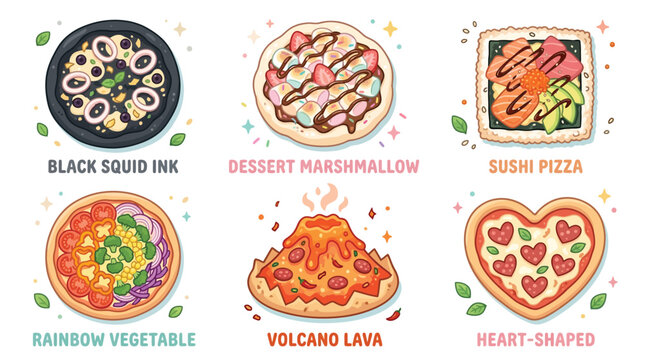 Collection of six creative and fun pizza variations including black squid ink, dessert marshmallow, sushi, rainbow vegetable, volcano lava, and heart-shaped.