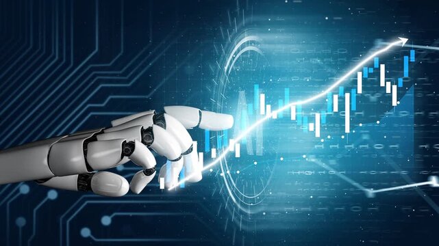A striking image of a robotic hand poised to interact with digital stock market data, showcasing growth trends and technological advancement in finance. Copula