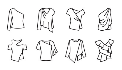 Naklejka premium Collection of asymmetrical and draped tops in a minimalist line art style on white