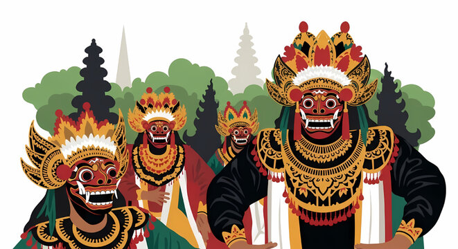 Balinese traditional dance performance illustration with masked dancers