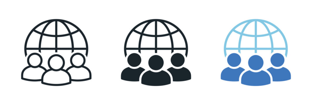 Global community icon set representing teamwork, collaboration, and people connected worldwide in outline, solid, and colored styles