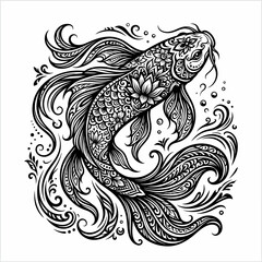 Obraz premium An ornamental fish swims in water with a lotus flower and decorative waves.