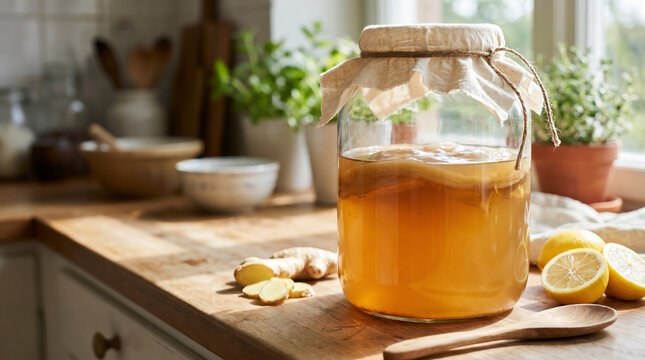 Glass fermentation jar with kombucha scoby and cotton cloth on a rustic counter, symbolizing homemade probiotics and natural gut health.
