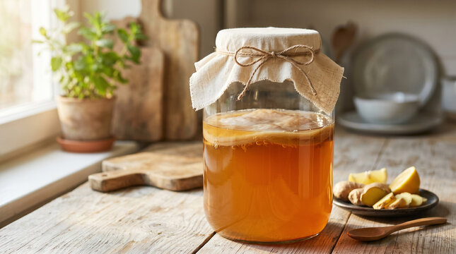 Glass fermentation jar with kombucha scoby and cotton cloth on a rustic counter, symbolizing homemade probiotics and natural gut health.