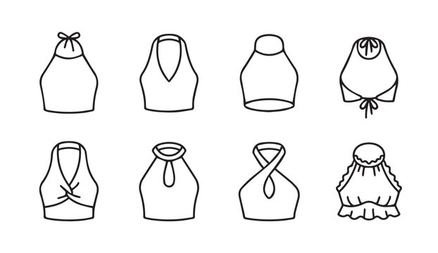 Collection of diverse halter top designs in a clean line art style on white background for fashion illustration