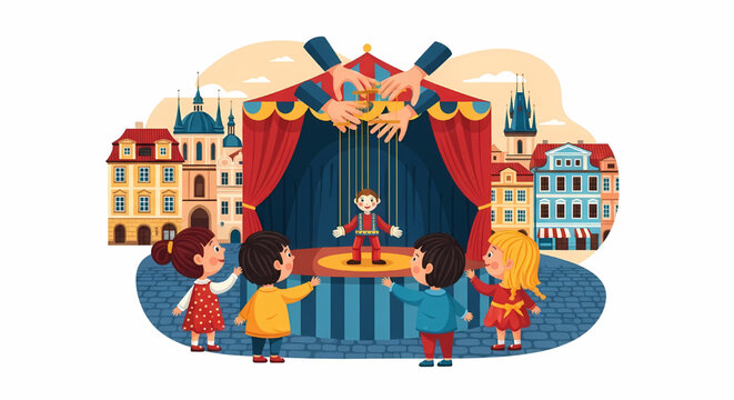 Puppet show on city square with children watching