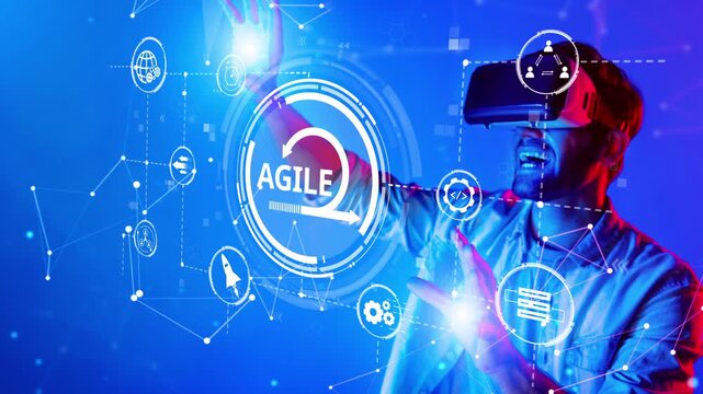 A person immerses in a virtual reality experience, interacting with futuristic graphics and data visualizations, depicting agile development in a digital landscape. Raster