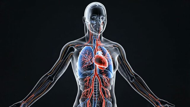 Detailed Anatomical Illustration Of The Human Body Featuring Heart And Lungs Against A Black Background For Medical Education And Health Sciences