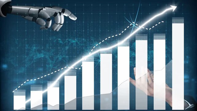 A captivating visual of a robot hand reaching out to a human hand against a backdrop of a rising financial chart, symbolizing the merger of technology and human effort in business. Copula