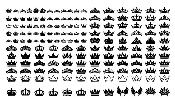 Flat Queen Crown Silhouette Vector Icon Set for Modern and Vintage Designs