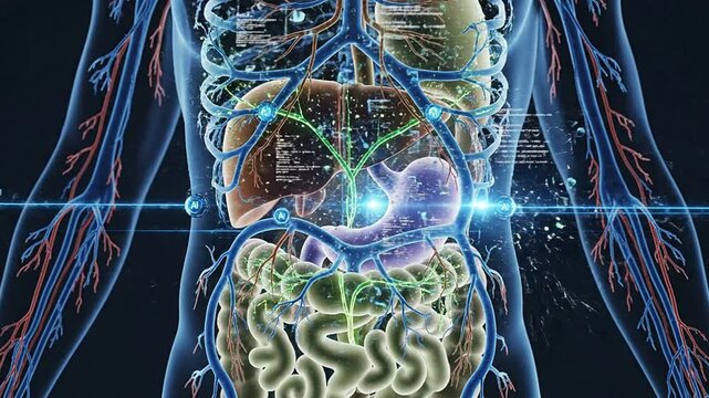 Detailed Anatomical Medical Illustration of Human Digestive and Circulatory Systems with Organs and Connections Highlighted for Educational Purposes