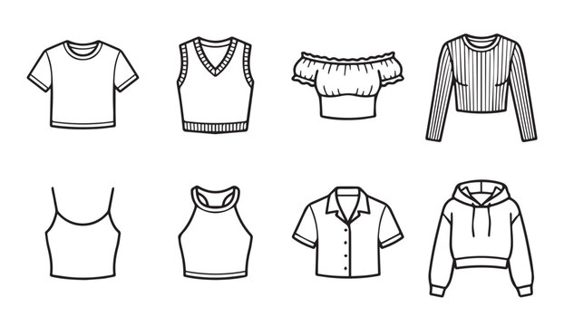 Collection of eight diverse crop top fashion sketches on a white background for apparel design