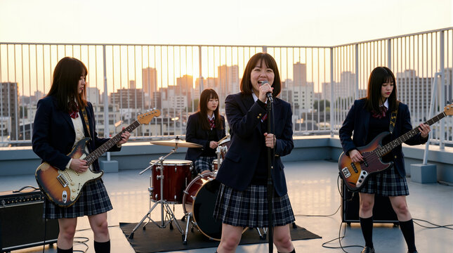 A group of young women in school uniforms playing instruments on a rooftop