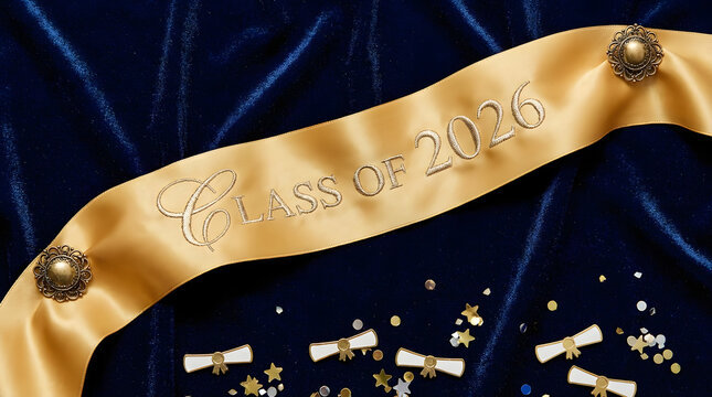 Gold graduation ribbon banner on dark blue velvet background