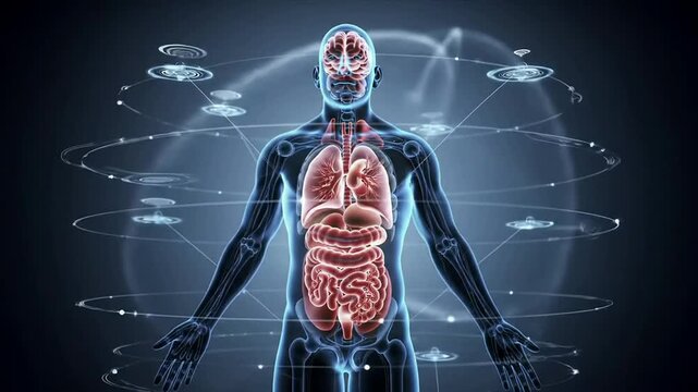 Detailed Medical Animation Of Human Anatomy: Illuminated Structures of Lungs and Digestive Organs in Holographic Style on Dark Background
