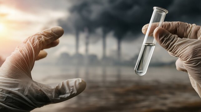 Environmental scientist holding a clean water sample against a smoggy industrial backdrop.