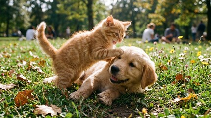 Dog and cat in park
