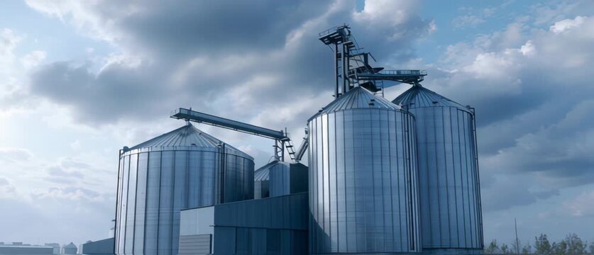 Industrial silos under cloudy sky in rural landscape setting