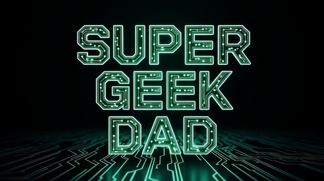 Neon green circuit board style text reading super geek dad in a bright digital photograph