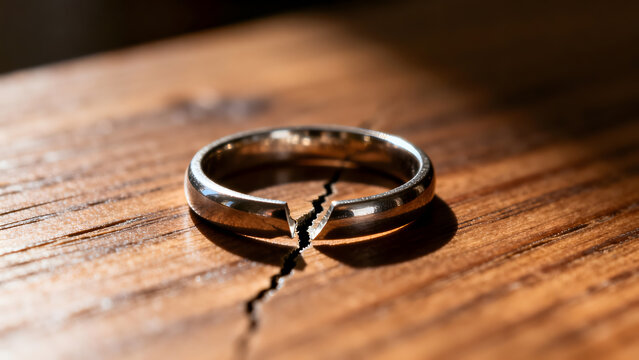 toroidal. A broken wedding ring lies on wood with a visible crack and side lighting. wellbeing guides, coaching materials, designed for coaching and self-improvement content, used by videographers.
