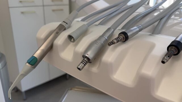 Video A row of dental equipment mounted on a wall in a clinic or hospital setting. dental apparatus, drilling machine