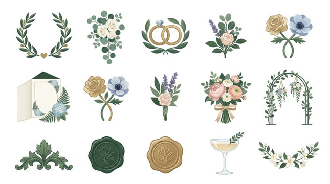 Collection of wedding floral elements and decorative ornaments.