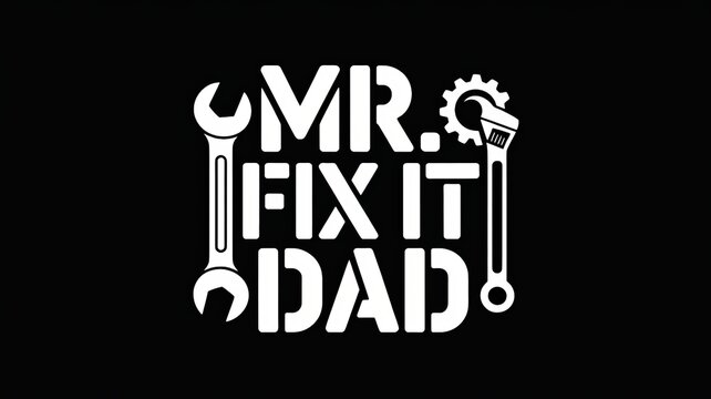 White graphic illustration design featuring the phrase mr fix it dad with industrial tool icons