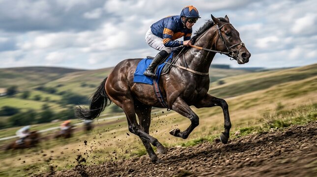 Horse racing on a dirt track with jockey