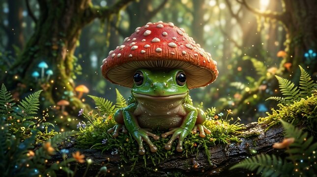 Green frog under red mushroom in forest