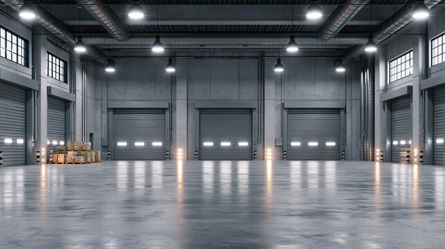 Factory or warehouse or industrial building. Protection with roller door or roller shutter. Modern interior design with concrete floor and empty space for industry background. Panorama 3d rendering.
