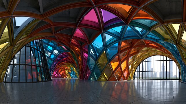 Full 360 degree equirectangular panorama hdri of colourful modern futuristic technology building interior 3d render illustration