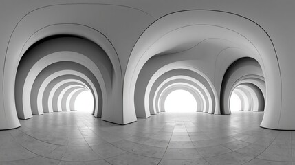 Obraz premium Full spherical hdri panorama 360 degrees of empty exhibition space. backdrop for exhibitions and events. Tile floor. Marketing mock up. 3D render illustration 