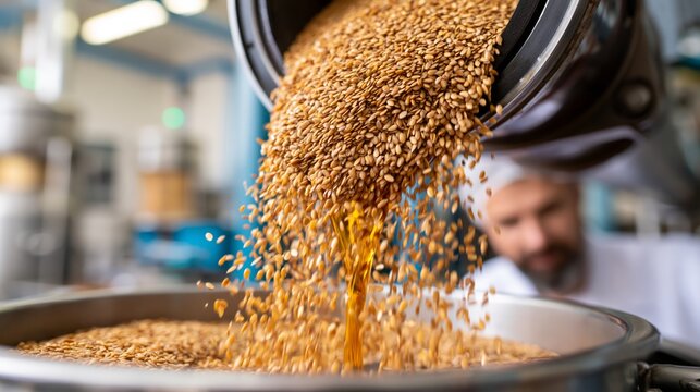 Flaxseeds fed into a cold press machine with amber oil dripping into a collection vessel.