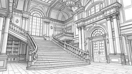 Fototapeta premium Grand Classic Interior with Sweeping Staircase Line Art, Detailed black and white line drawing of a luxurious and grand interior space featuring a wide, sweeping staircase, classical columns, and