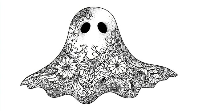 Halloween Zentangle Ghost Coloring Page, Detailed black and white line art illustration of a Halloween ghost, filled with intricate patterns, floral motifs, and zentangle-inspired designs. Perfect