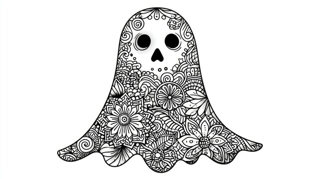 Halloween Zentangle Ghost Coloring Page, Detailed black and white line art illustration of a Halloween ghost, filled with intricate patterns, floral motifs, and zentangle-inspired designs. Perfect
