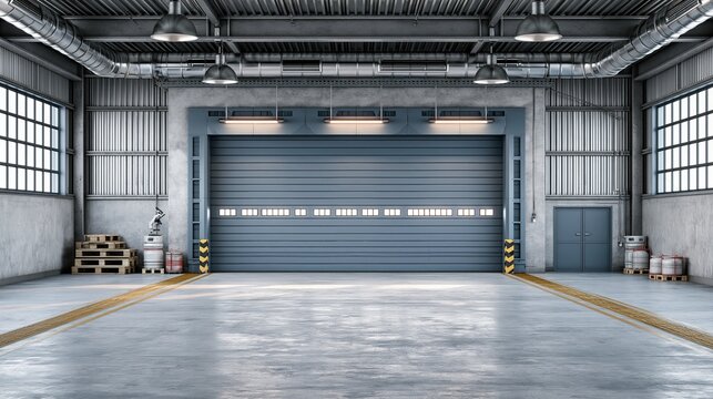 Hangar or industrial building. Protection with security door, roller door or roller shutter. Modern interior design with concrete floor, metal wall and empty space for industry background. 3d render.