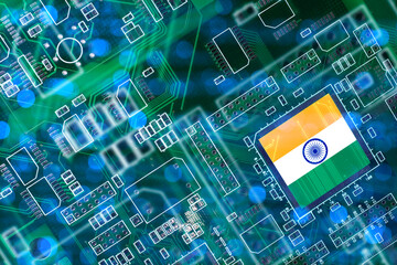 Semiconductor industry, electronics manufacturing. Indian flag on microchip symbolizes national chip production, digital innovation and technology development. © Grispb