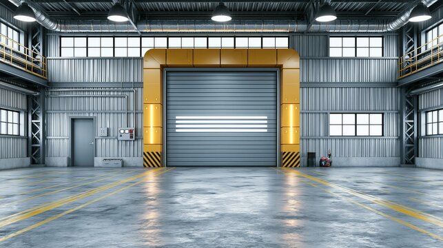 Hangar or industrial building. Protection with security door, roller door or roller shutter. Modern interior design with concrete floor, steel wall and empty space for industry background. 3d render.