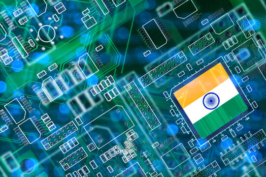Semiconductor industry, electronics manufacturing. Indian flag on microchip symbolizes national chip production, digital innovation and technology development.