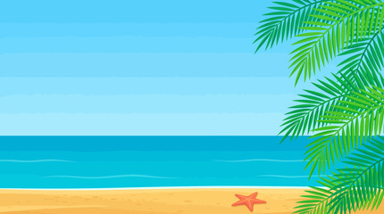 Fototapeta premium Minimalist tropical beach background with palm leaves and starfish summer vector illustration. 