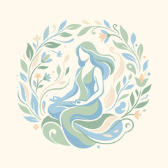 Fototapeta premium Abstract woman sitting in peaceful meditation with floral botanical wreath vector illustration. 