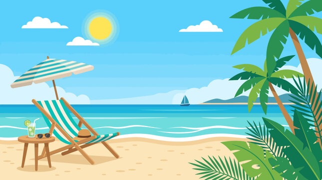 Tropical beach summer vacation concept with lounge chair umbrella and palm trees vector illustration.
