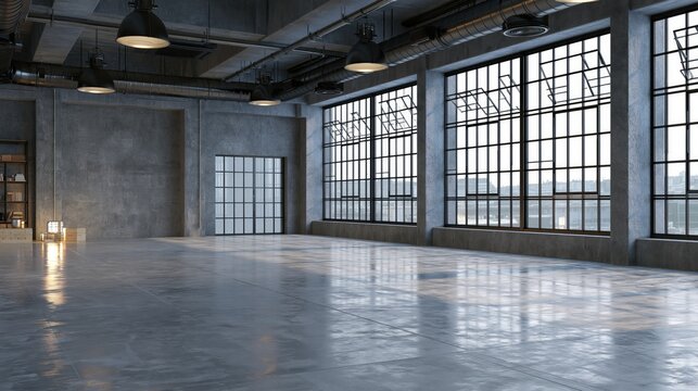 Industrial building warehouse interior with polished concrete floor and style glass window wall. 3d rendering