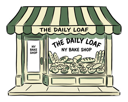 Bakery shop vintage artwork. New York bake shop design. Fresh bread illustration for apparel. The Daily Loaf poster. Retro storefront graphic.