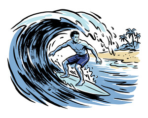 Surfing club artwork. Ocean wave artwork. Beach vibes design. Tropical paradise illustration. Summer adventure t shirt graphic design. © panji