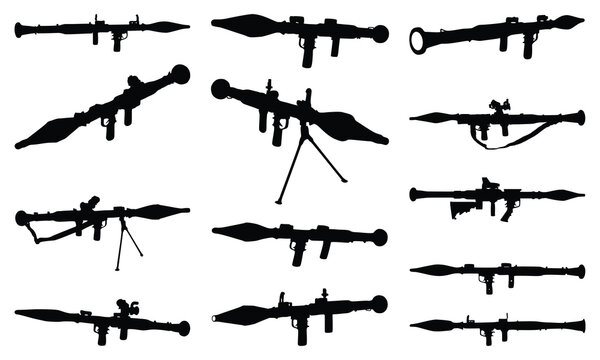 Rocket propelled grenade launcher vector silhouette set bazooka military weapons war explosive missile anti tank artillery guns infantry arms collection isolated on white backdrop