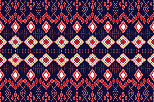 Geometric Ikat Seamless Pattern, Ethnic Red Diamond Textile Design, Tribal Navy Folk Border Motif, CMYK.