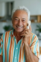 Obraz premium Senior man laughing while talking on landline in kitchen